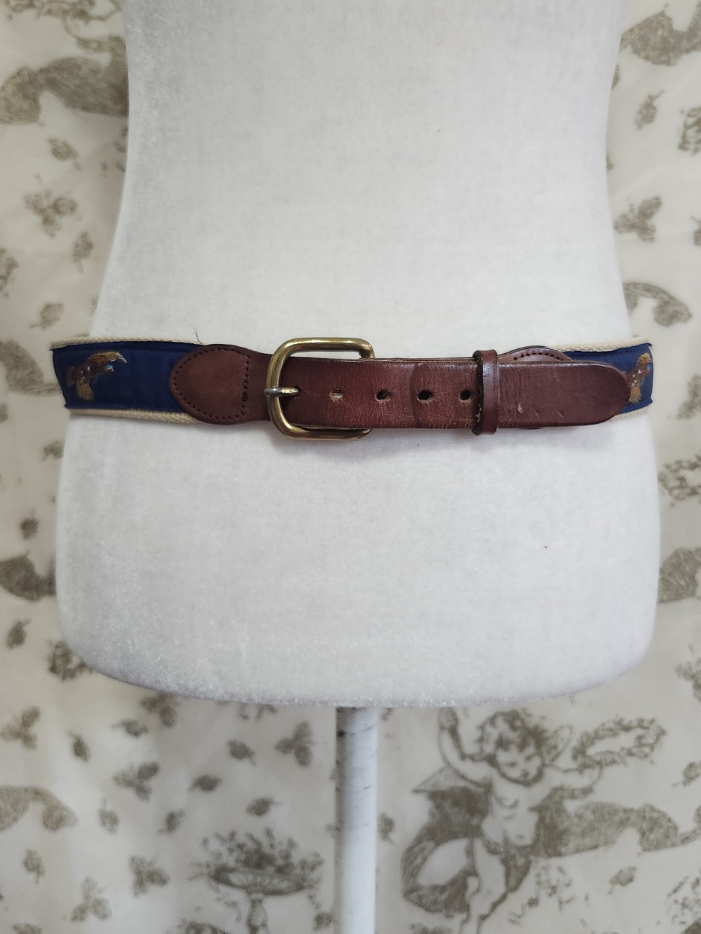 VTG Leather Man Ltd. Blue Mallard Duck Design Leather Canvas Belt Men's Size 34